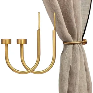 Solid Steel Curtain Holdback with Disk Finial, Electroplate Finishes, Set of 2 Window Curtain Tieback Hooks, Warm Gold