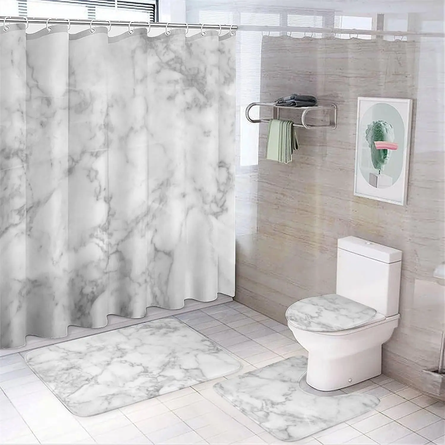 Marble Pattern Bathroom & Restroom Accessories, Shower Curtain Set For Bathroom, 4 Counts/set Including 1 Shower Curtain with 12 Hooks & 1 Toilet Lid Cover & 1 Rectangular Mat & 1 U-shaped Mat, Shower Curtain Sets