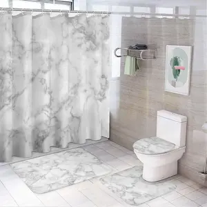Marble Pattern Bathroom Accessories, 4 Counts/set Including 1 Shower Curtain with 12 Hooks & 1 Toilet Lid Cover & 1 Rectangular Mat & 1 U-shaped Mat, Shower Curtain Sets