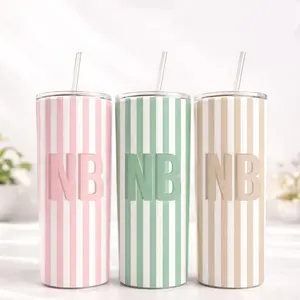 BojjiCo Stylish Stainless Steel Skinny Insulated Striped Water Bottle - Customized Monogram Logo Tumbler with Straw, Lid, Preppy Pastel Aesthetic (Pink, Green, Beige), Personalized Initial Travel Mug, Women's Birthday Gift