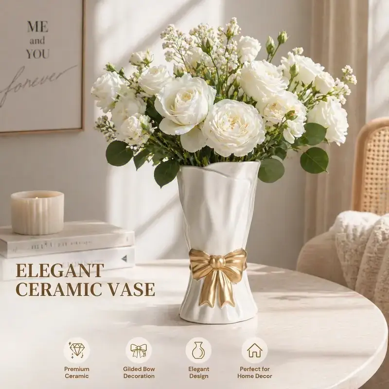 Elegant Cream Ceramic Vase with Gold Bow Modern Home Decor for Living Room & Bedroom Versatile Stylish Addition to Any Room Flower Vase Decorative Vase