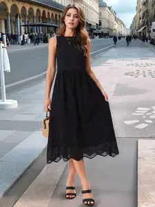 INSPIRE CHIC Women's Sleeveless A Line Midi Dress Eyelet Hem Crewneck Summer Tank Dress