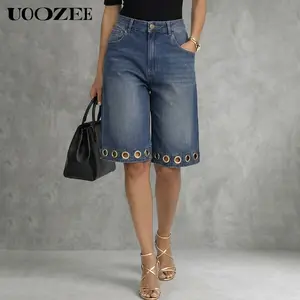 UOOZEE Women's High Waist Washed Denim Culotte Shorts with Pockets, Wide Leg Shorts with Grommet Hem, Non-Stretch Casual Jean Shorts, Curvy Waist Friendly, Size Up for Full Waist