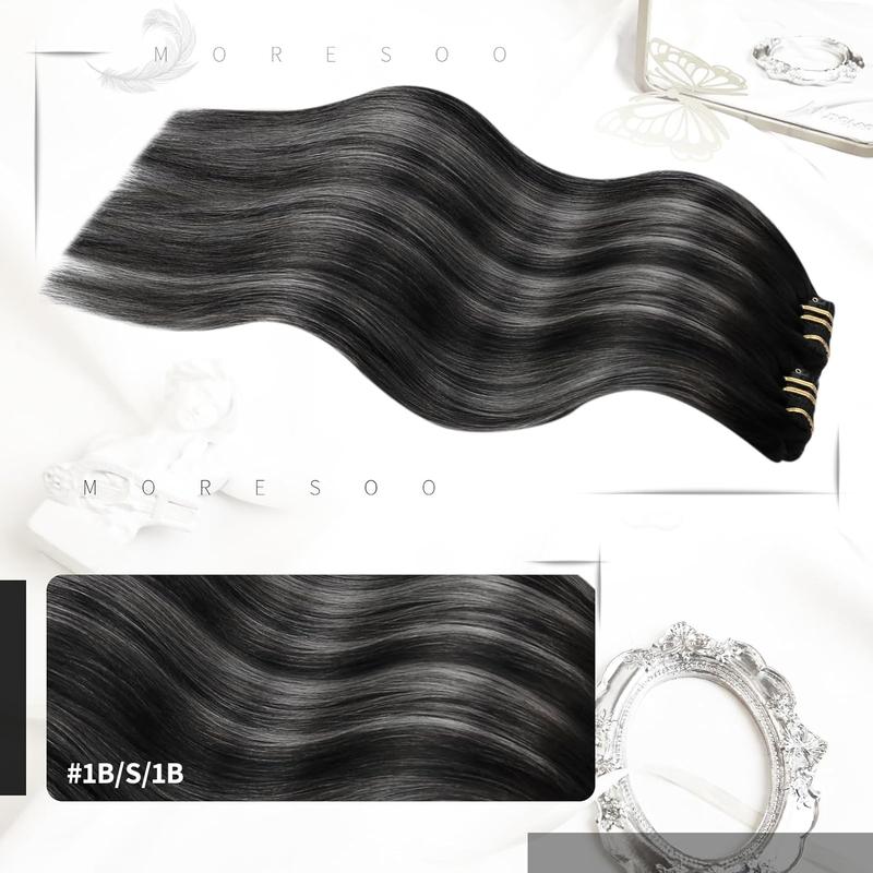 MORESOO Clip-in Hair Extensions Remy Human Hair Natural Straight 10-28inch Invisible Seamless Color Blend Easy Wear Black Hair Clip on for Women MORESOO Clip-in Hair Extensions Remy Human Hair Natural Straight 10-28inch Invisible Seamless Color Blend Easy Wear Black Hair Clip on for Women