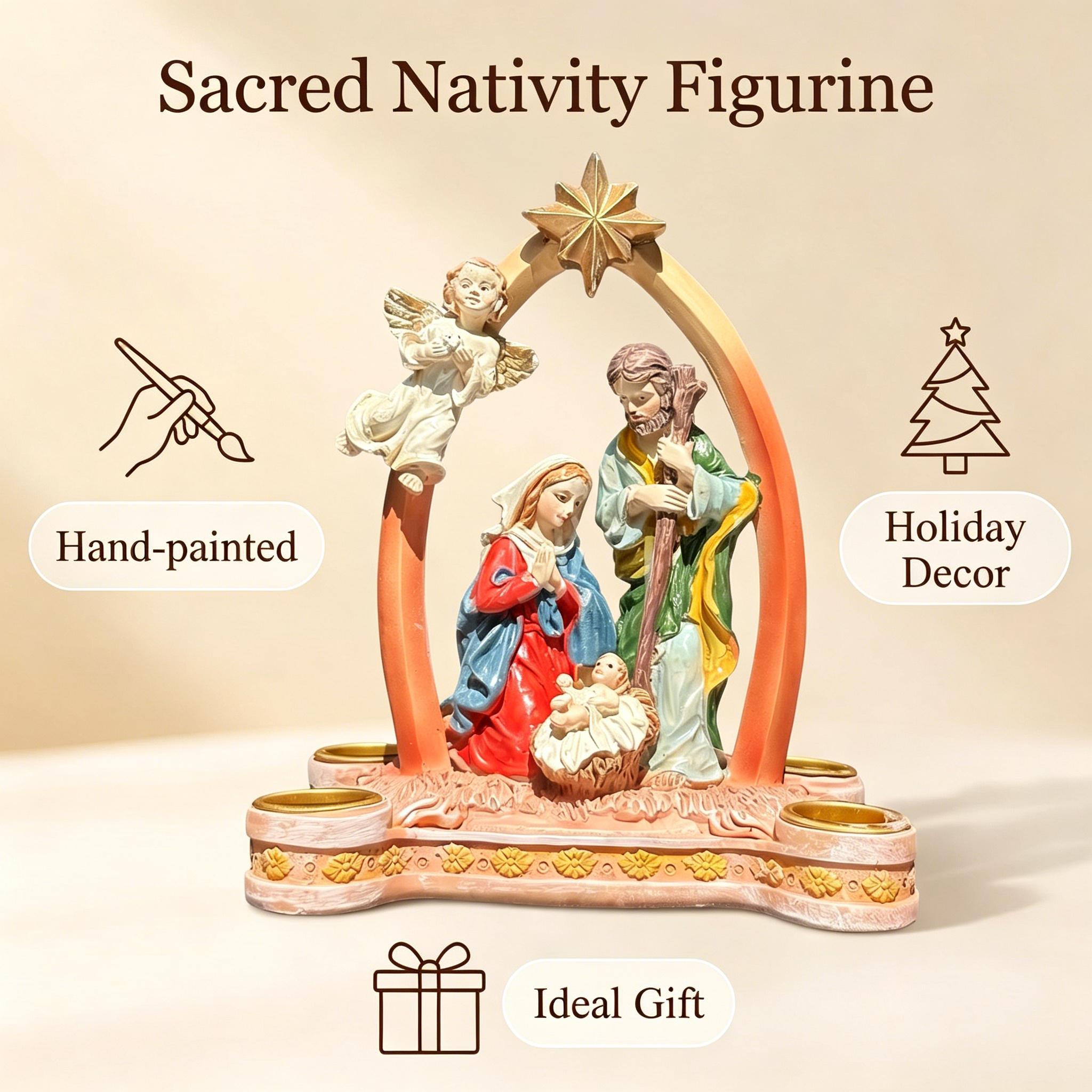 Christmas Nativity Candle Stand - Resin Three-Character Family Scene Decorative Piece - Religious Festival Table DecorationChristmas Nativity Candle Stand - Resin Three-Character Family Scene Decorative Piece - Religious Festival Table Decoration