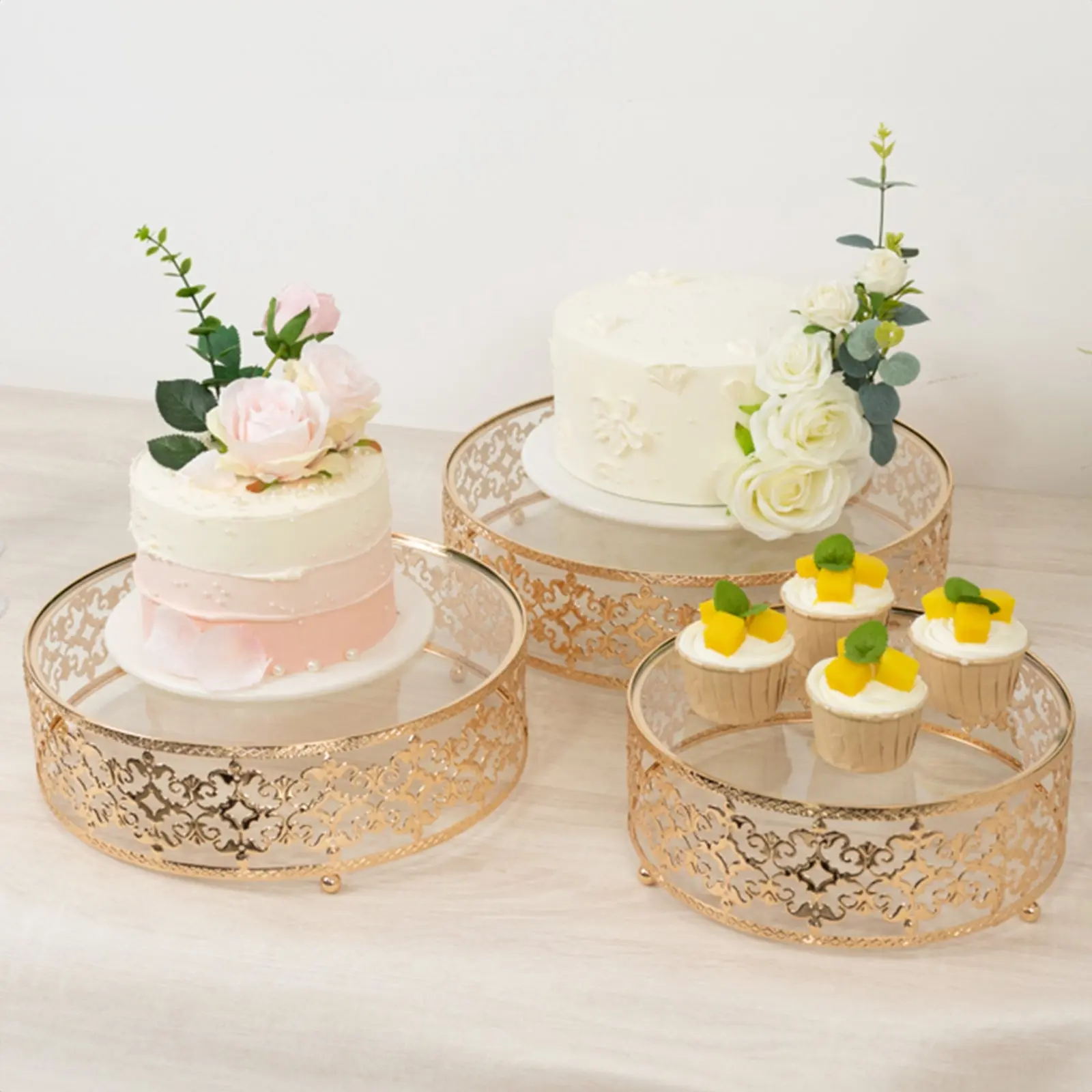 Gold Baroque Ornate Design Party Dessert Stands - Set of 3 Stackable Metal Centerpieces with Glass Tops (10in, 12in, 14in) for Birthday Dessert Display, Home/Wedding Festive Supplies