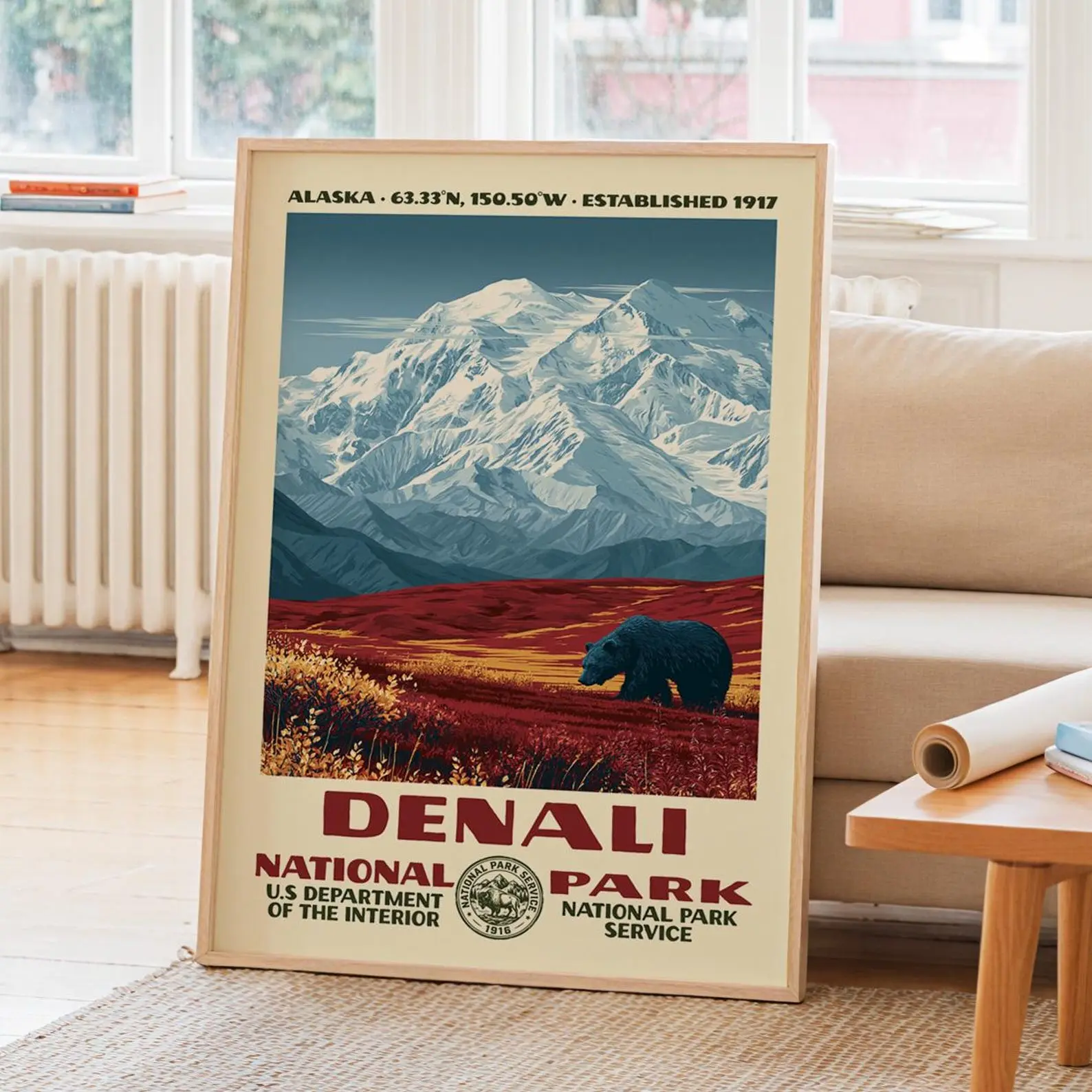 Vintage Denali National Park Poster, Retro Alaska Mountain Print, Bear Wildlife Decor, Unframed Nature Art