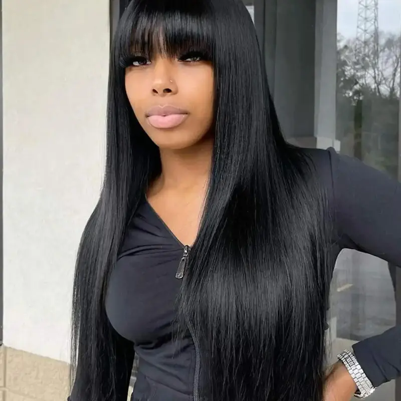 26 Inch Black Long Straight Wigs for Women, Jet Black Wig, Gorgeous Fluffy Wigs with Bangs, Synthetic Hair Wigs, Synthetic Full Machine Wigs for Party, Daily Use, Synthetic Natural Looking, Silky Straight Wig