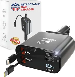Retractable Car Charger 4 in 1 with 2 Retractable Cords, 66W Fast Charging, Compatible with iPhone & Android Models Adjustable Retractable Smartphone Cellphone