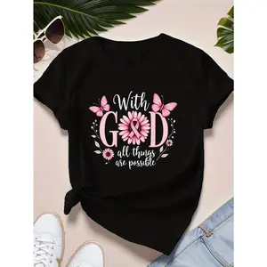 "with God All Things Are Possible" Women's T-Shirt - Inspirational Quote with Floral & Butterfly Design, Casual Short Sleeve, Round Neck, Cotton, Machine Washable, Casual Wear|Round Neck Top Black Crewneck