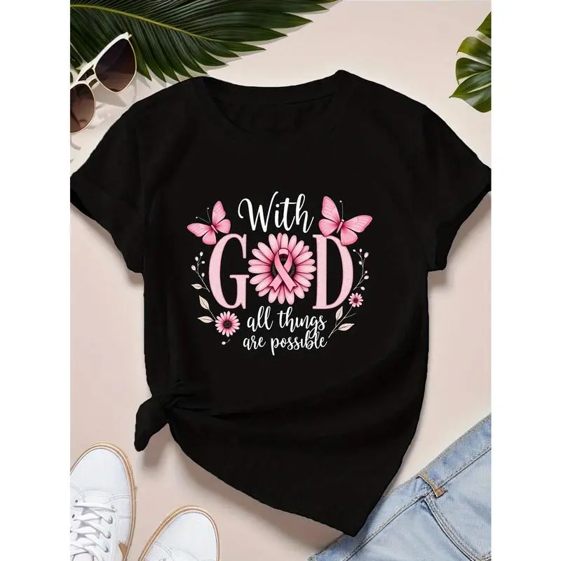 Women's Cotton T-Shirt with "With God All Things Are Possible" Floral Graphic - Casual Short Sleeve Streetwear Crewneck, Shortsleeve