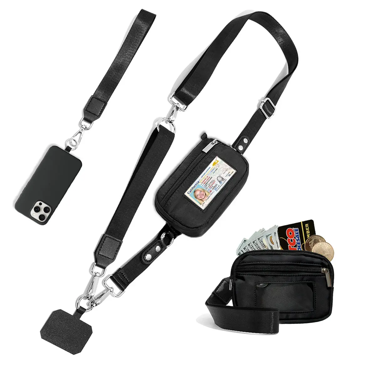 Clip and Go Strap for Phone With Wallet Crossbody, Phone Strap With Wallet,  Adjustable Phone Strap Crossbody With Zipper Pouch Wallet,  Mobile Phone Strap, Wrist Strap，Ideal for Travel, Running, Shopping