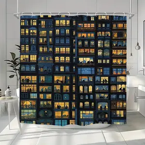 City Night Window Shower Curtain, Urban Apartment Print Extra Large Waterproof Thickened Mildew-Proof Bathroom Partition Curtain for Dry-Wet Separation, Durable Polyester Fabric Included & 12 Hooks for Easy Hanging, Bathroom Decoration Home Decor