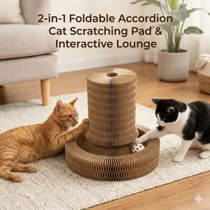 2-in-1 Foldable Accordion Cat Scratching Pad & Interactive Lounge, Expandable Cardboard Scratcher with Built-in Ball Track, Furniture Saver for Indoor Cats