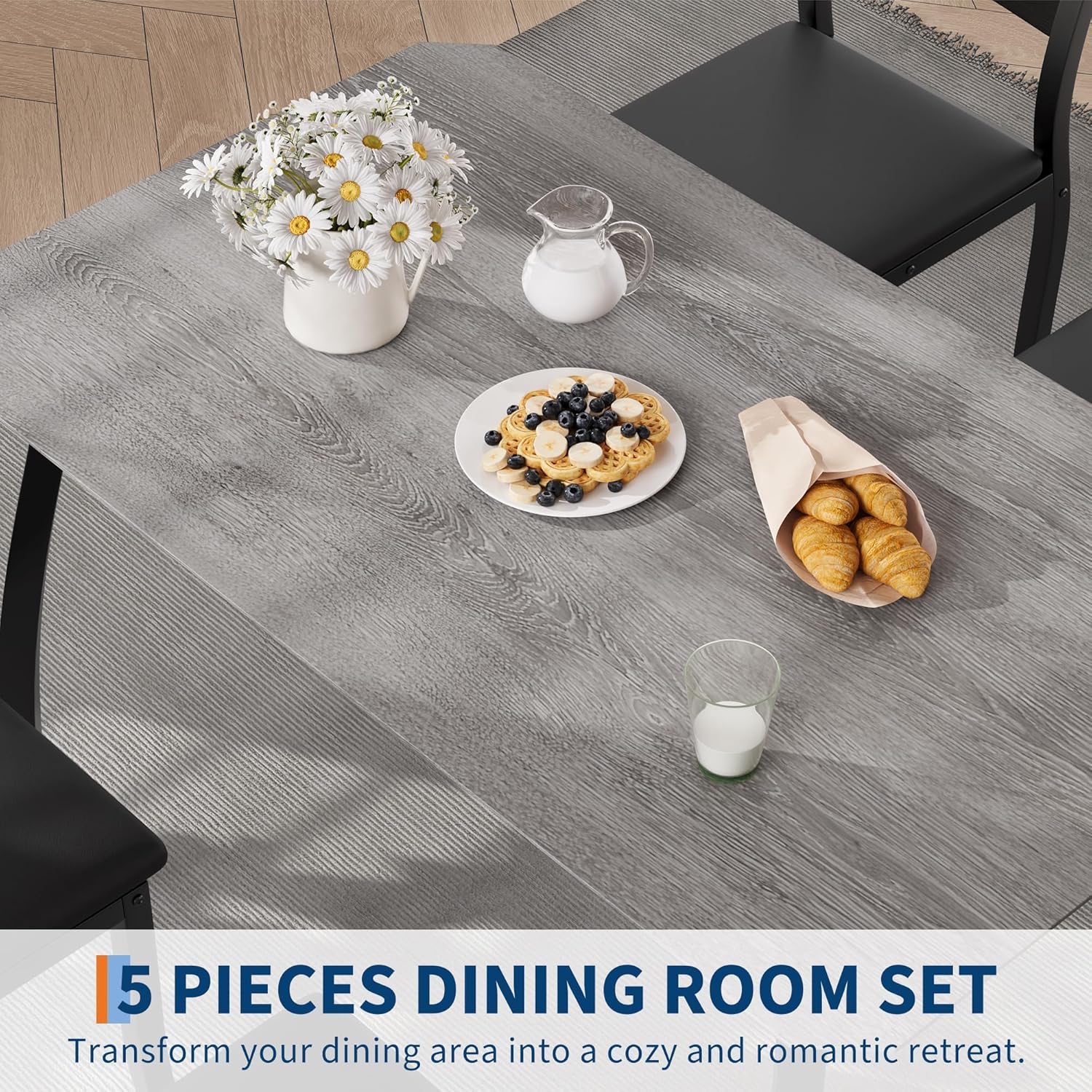 Dining Table Set for 4 Modern Kitchen Table and Chairs Set with Chamfered Edges Cushioned Seats Space-Saving Metal Frame for Dining Room Apartment Small Spaces, White & Wood Grain Color