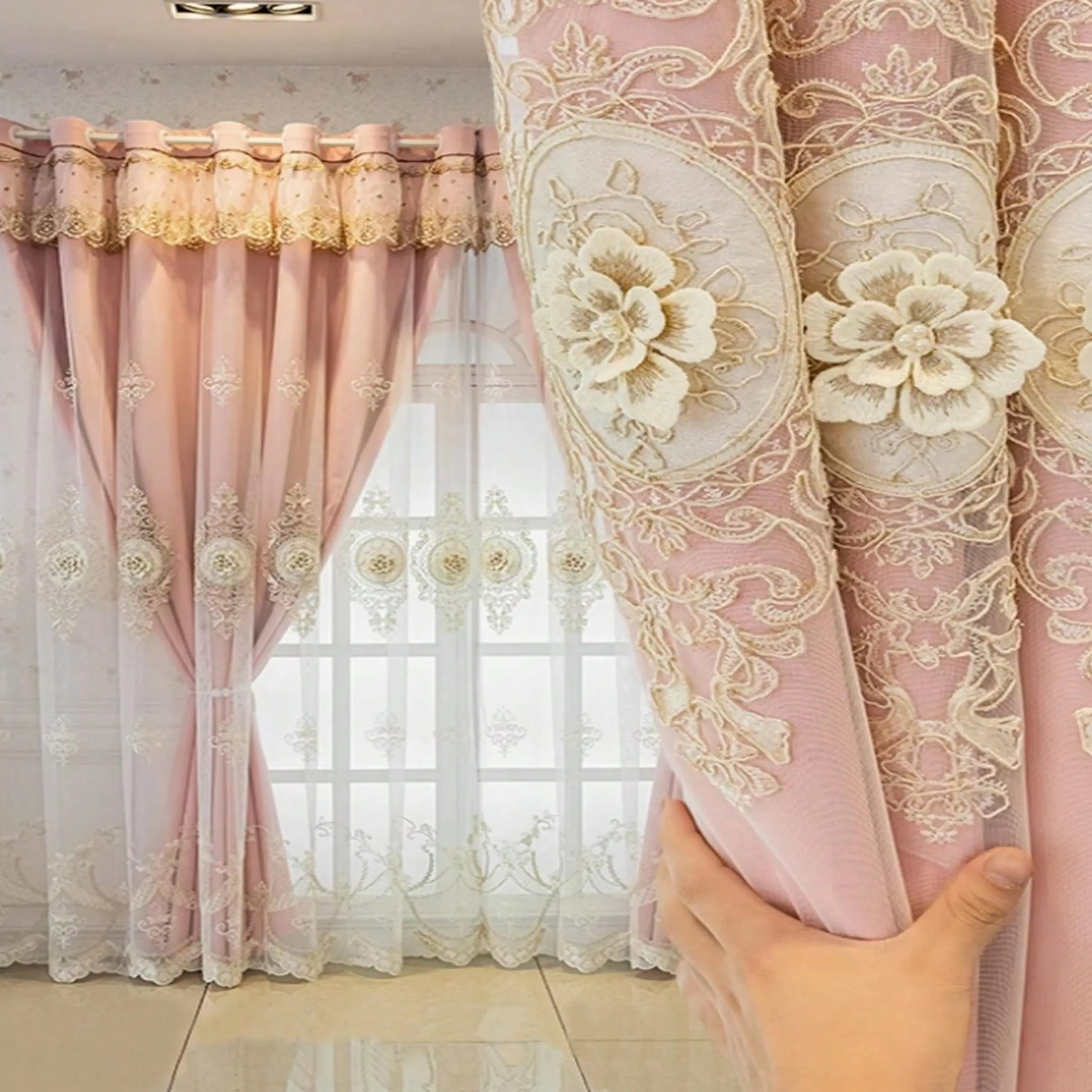 Floral Embroidery Curtain, 1 Count Luxury Embroidered Curtain, Heavy Curtain, Heat Insulation Curtain for Bedroom Living Room Restaurant Home Decoration, Window Curtain, Thermal Insulated Curtain, Curtains Floral