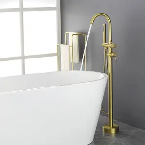 Matte Black Freestanding Bathtub Faucet BathTub Filler Faucet with Hand Shower Brushed Gold, Floor Mount Bathroom Faucet
