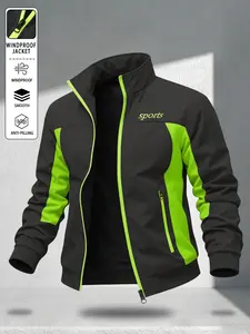 Men’s color-block windproof fleece sports jacket, stand collar, full zip, outdoor casual warm running jacket