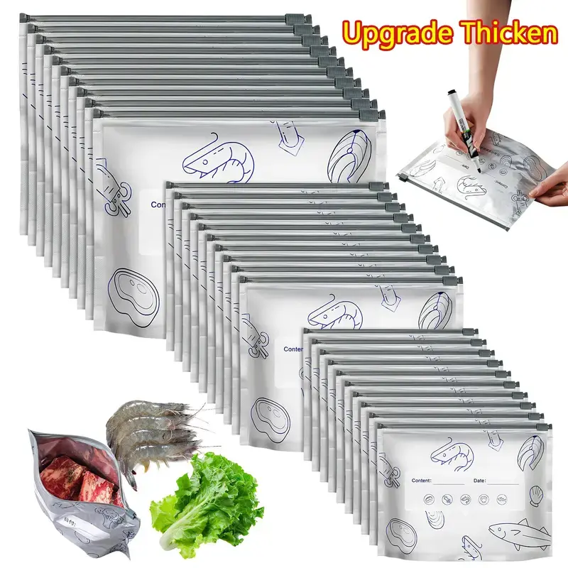 【Refrigerated Food】Reusable Aluminum Foil Sealable Storage Bags, 2026 New Resealable Vacuum Zipper Pouches for Food, Stand Up Foil Sealable Bags with Label and Zip Lock for Vegetable Fruit Meat