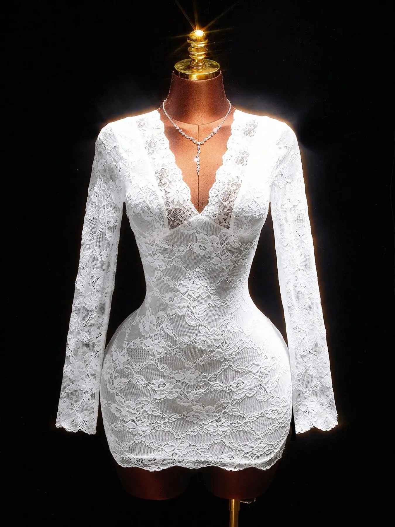 Lace Long Sleeve Deep V Backless Tie Waist Bodycon Fit Short Dress, Cocktail Party Dress, Pure Desire Hot Girl Formal Chic Elegant Style, Bar Party Sexy Womenswear, Elegant Evening Wear