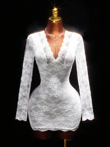 Lace Long Sleeve Deep V Backless Tie Waist Bodycon Short Dress, Pure Desire Hot Girl Elegant Style, Bar Party Sexy Womenswear
