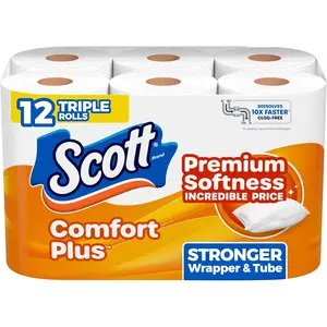 Scott ComfortPlus Toilet Paper, Durable Shipping Pack, 12 Triple Rolls, 231 Sheets per Roll, 1-Ply Toilet Tissue