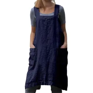 Cotton Linen Apron Cross Back Apron for Women with Big Pockets Square Pinafore Dress for Baking Cooking BBQ & Grill