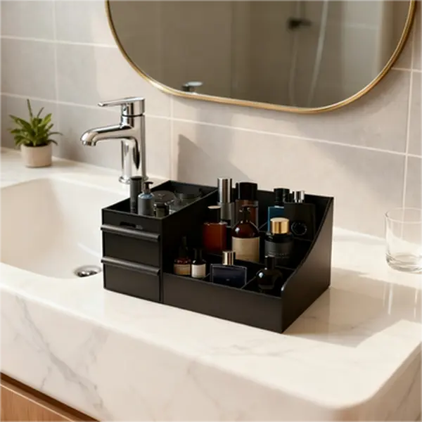 Black Plastic Modern Cologne Storage Box - 7 Compartments, 2 Extra-Deep Drawers for Perfumes, Shaving Tools, Skincare Products, Makeup; Water-Proof, Easy-to-Clean Desktop Storage Organizer for Bathroom, Bedroom storage organization Trolley Box Gift