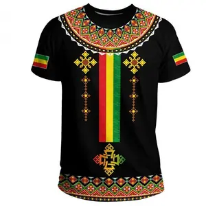 EthiopianHabeshaDesignBlackMen'sT-ShirtLongSleeveShortSleeveLooseFitPolyesterCasualVersatileRetroStyleMenswearTopCrewneckShortsleeveTshirtStreetwearTropical