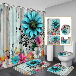 1/3/4PCS Vintage Floral Shower Curtain Set, 1/3/4pcs Colorful Bath Curtains, 71x71 Inches, Includes Background Pattern & 12 Hooks