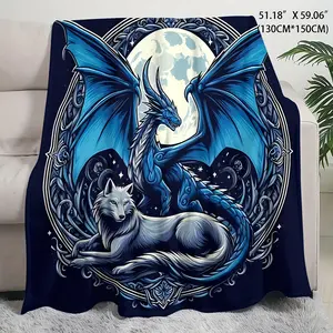 A Mysterious Ice Dragon and Wolf Blanket - Modern Style, Machine Washable, Four Seasons Comfortable, Digital Printed Polyester Bedding, Simple Theme Decoration, Knitted Lightweight Fabric, Ideal Gift