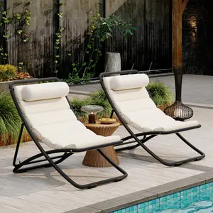 2-Pieces Outdoor Folding Chair, Rattan-Wrapped Patio Chair with Adjustable Backrest, Thick Cushion, and Detachable Headrest ,for the Poolside, Beach, Backyard, Decck, and Camping (Black)