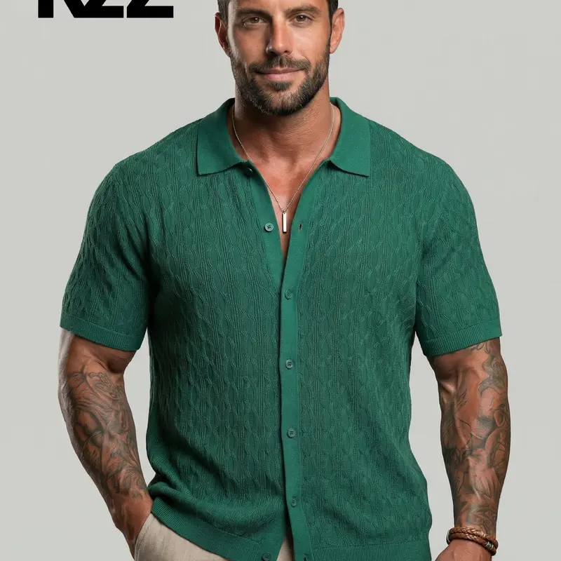 KZZ Men's Classic Plain Knit European-Style Short-Sleeve Button-Down Polo Shirt - Breathable Menswear Fashion Casual Crew Neck Outfits Top (Size M)