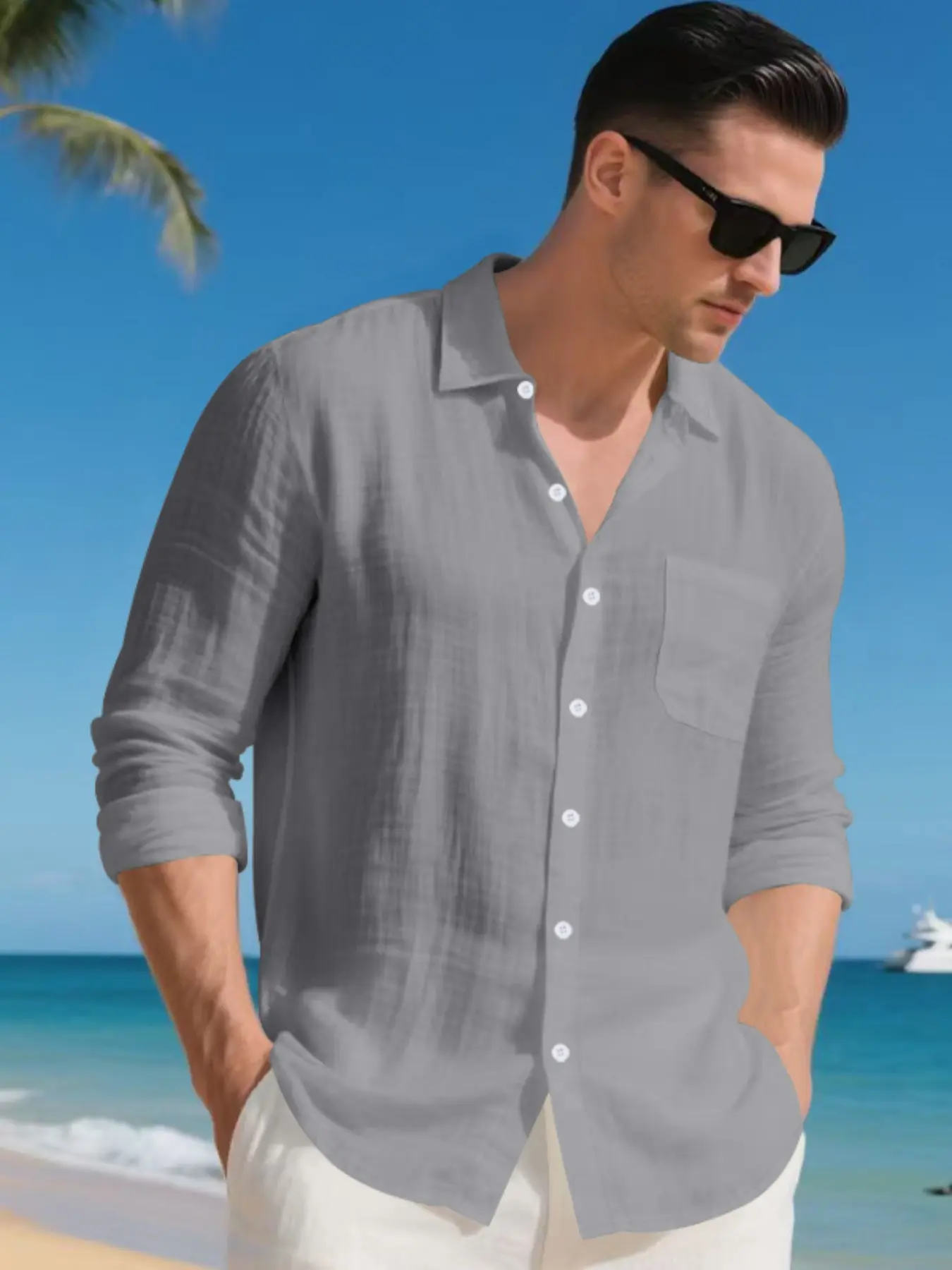 Men's Linen Collared Long Sleeve Pocket Shirt Top, Breathable Solid Shirt, Spring & Fall Casual Classic Fitted Design, Lightweight Breathable Fabric, Perfect for Daily Wear