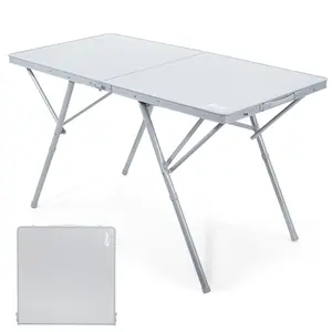 [Summervibes] PORTAL Folding Camping Table for 4-6 Person, Large Aluminum Portable Table with Adjustable Height and Carry Handle for Picnic, BBQ, Camping, Silver