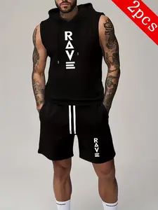 Men's 'RAVE' Logo Graphic Black Sleeveless Hoodie Set, Sportswear Set, Edgy Theme Streetwear, Trendy Urban Outfit with Minimalist Print, Comfortable Soft Fabric, Versatile for Workouts, Errands & Hangouts, Ideal for Modern Fashion-Forward Wardrobes
