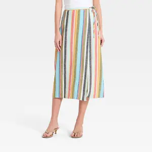 Women's Linen Midi Wrap Skirt - A New Day Cream Striped S