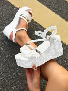 2026 Summer Must-Have White Braided Twist Metal Strap Platform Wedge Sandals, Braided Heeled Sandals, Ultra High Heel Wedges For Women, Retro Braided Upper With Metallic Strip Decor, Comfort Non-Slip Sole, Great For Music Festivals Beach Trip