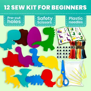 QUOKKA 12 Wild Dino Felt Crafting Kits for Kids - Beginner-Friendly Sewing Supplies Crafts, DIY Handmade Creative Kits with Manual, Educational Ages 7+ Activity to Boost Creativity, Crafting Kit