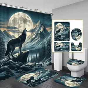 1/4pc Wolf Pattern Bathroom Decor Set, Shower curtain sets, including shower curtain, toilet seat cover, bathroom mat, and U-shaped mat. Perfect for bathroom decoration. Comes with 12 shower curtain hooks
