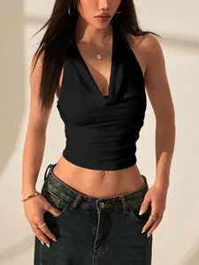 Women's Summer Halter Neck Top: Deep Cowl Neckline, Open Back with Metallic Buckle Detail. Versatile Swimwear Cover-Up in Solid Colors - Perfect for Beach Days and Casual Outings