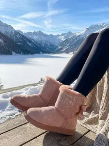 Cute Pink Bling Winter Boots for Ladies Cozy Faux Fur Lined Pull-On Snow Shoes with Rhinestone Bow Soft Suede Material Ideal for Winter Footwear Women