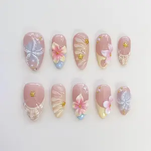 Starfish Bloom Elegance Press On Nails, Short Almond Nails, Flower Yellow Nails, Spring Summer Nails, Seashells Design, Gift For Girl on Summer Holiday