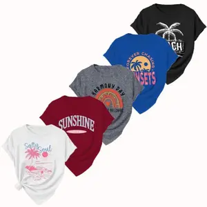 LOVE YOUSELF- 5-Piece Women's Summer Vacation-Themed Printed Short-Sleeve Set Women's Crew Neck T-Shirts Cute Casual Wear Comfortable Summer Tops Crew Neck T-Shirts Multi-Color Clothing Set Casual Wear for All Seasons