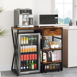 41.7" Mini Fridge Stand with Power Outlet, 3-Tier Microwave Coffee Bar Organizer, Pull-Out Work Platform & Storage Basket