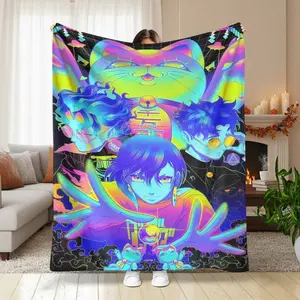 Neon Cyberpunk Lucky Cat & Psychic Hero Trio Flannel Blanket Vibrant Futuristic Anime Art Print Soft Warm Durable Cozy Texture Perfect for Bedroom Decor Sofa Throw Gaming Room Lounge Office Nap Holiday Gift Home Aesthetic