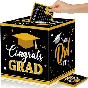 1Set Graduation Card Storage Box Set, 22cm Gold Cube with 20 Matching Cards, Durable Paperboard Memorial Box, Themed Gift Box for Graduation Party Gifts