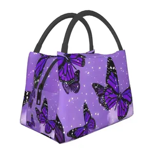 Lunch bag for both men and women, reusable hand-held insulation bag, purple butterfly pattern, is an essential item for outdoor camping and daily commuting. It is made of safe and durable insulation material, with a portable and stylish design
