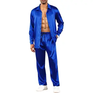 LecGee Men's Satin 2 Piece Outfits Lapel Long Sleeve Button Down Tops Jogger Pants Sets With Pocket Prom Club Party