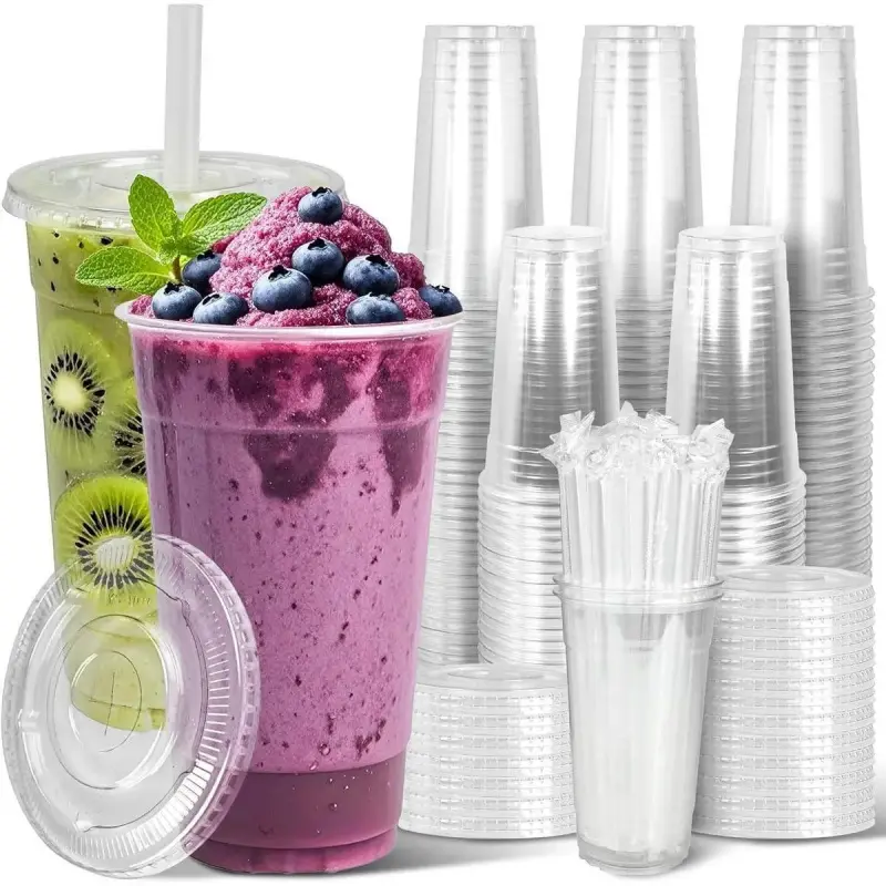 50-Pack Disposable To Go Cup Set (12-32oz) with Lids and Straws, Milkshake Friendly for Coffee Shops & Beverage Lovers, Cold Drink & Coffee Bar Accessories, 12 Oz